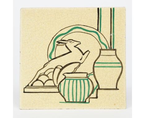 A Carter's Poole Pottery tile probably designed by Edward Bawden,  square, painted with Poole Pots and a leaping gazelle book