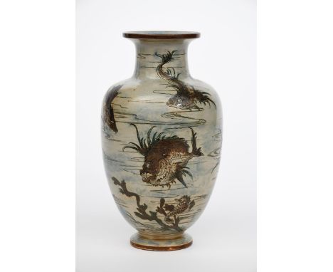 A Martin Brothers stoneware Aquatic vase by Edwin and Walter Martin,  shouldered baluster form, incised with grotesque fish s