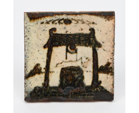 ‡ Bernard Leach CBE (1887-1979), attributed a Leach Pottery tile, painted with a Japanese well, in tenmoku on an oatmeal grou