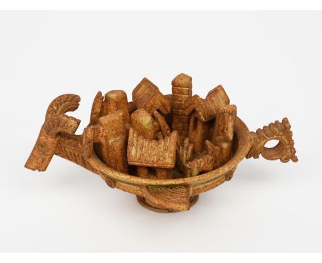 ‡ Ian Godfrey (1942-1992) Bird Bowl, a stoneware sculpture, the winged bowl  with horned mask, with applied animals  and a vi