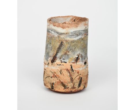 ‡ Robin Welch (born 1936) a stoneware vase, cylindrical form. painted with a semi-abstract grassland scene in colours impress