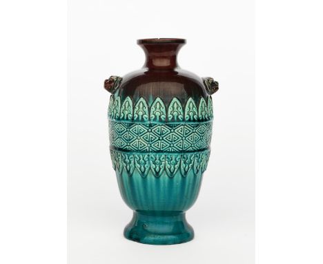 A pottery vase probably Ault or Linthorpe the design attributed to Dr Christopher Dresser, shouldered form, modelled with two