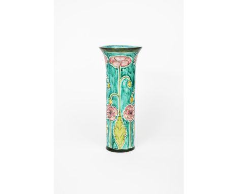 A tall and impressive Della Robbia vase by Gertrude Russell,  cylindrical form with flaring neck, painted with wild poppy ste