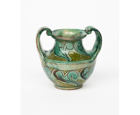 A Della Robbia Pottery vase by EJ, dated 1901, shouldered form with pulled handles, incised and painted with scrolling bands 