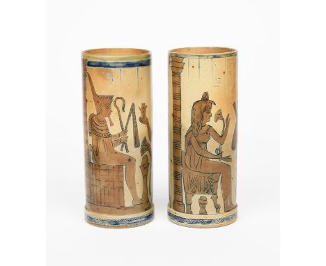 A rare and early pair of Martin Brothers stoneware Egyptian Revival vases by Robert Wallace Martin, dated 1876, cylindrical f