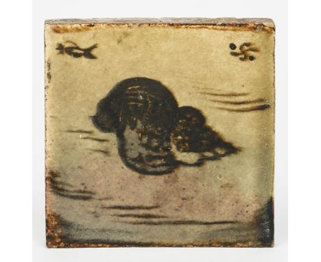 ‡ Bernard Leach CBE (1887-1979) a Leach Pottery stoneware tile, painted with a seashell in tenmoku on an oatmeal ground, pain