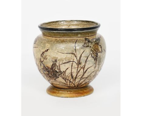 A Martin Brothers stoneware vase by Edwin and Walter Martin, shouldered ovoid form, incised with finches flying amongst tall 