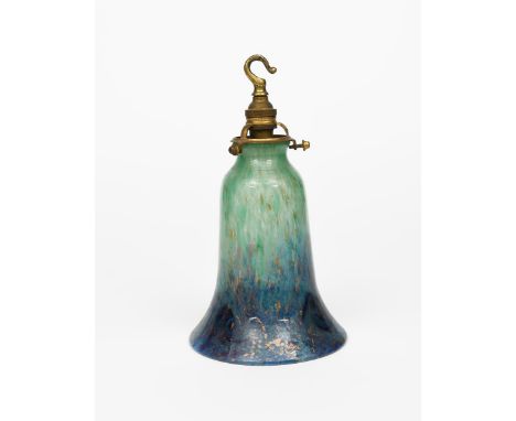 A rare Moncrieff's   Monart Ware glass lamp shade,  bell shaped, mottled green graduating to blue rim with purple whorls and 