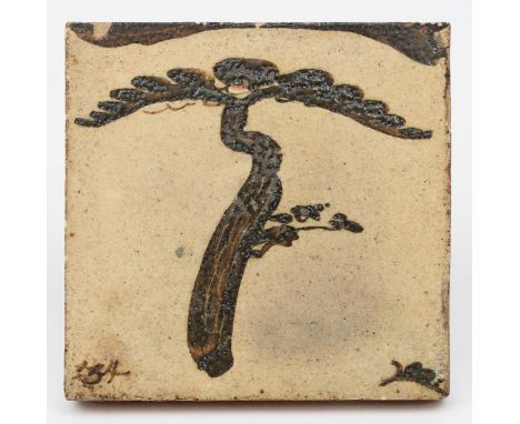 ‡ Bernard Leach CBE (1887-1979) a stoneware tile painted with a cloud pine tree, dated 1934 in tenmoku on an oatmeal ground p