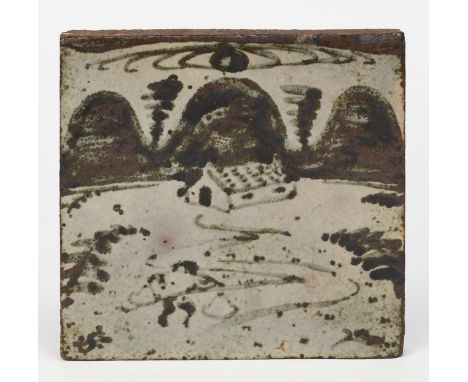 ‡ Bernard Leach CBE (1887-1979) a large Leach Pottery tile, painted with a figure walking towards a hut, a range of rounded m