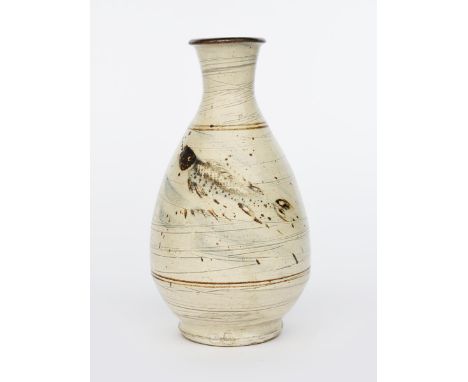 ‡ Jim Malone (born 1946) an Ainstable Pottery Korean bottle vase,  covered to the foot in a hakeme glaze, with painted fish c