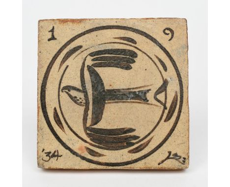 ‡ Bernard Leach CBE (1887-1979) a tile dated 1934, painted with a stylised flying hawk, in circular border  the corners dated