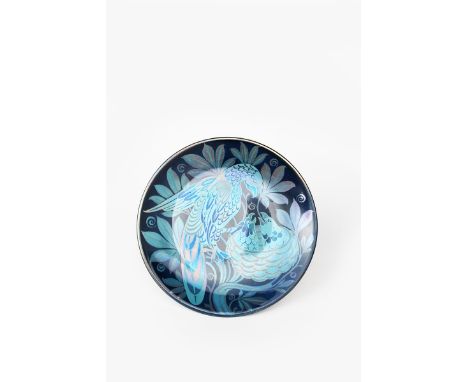 A William De Morgan Sunset and Moonlight Suite wall plate by Charles Passenger,  painted with an eagle tending her nest with 
