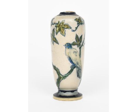 A Martin Brothers stoneware vase by Robert Wallace Martin, dated 1880, slender, shouldered form, incised with a pigeon perche