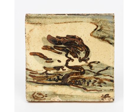 ‡ Bernard Leach CBE (1887-1979) a Leach Pottery tile painted with a windswept tree in a Japanese mountain landscape, in tenmo