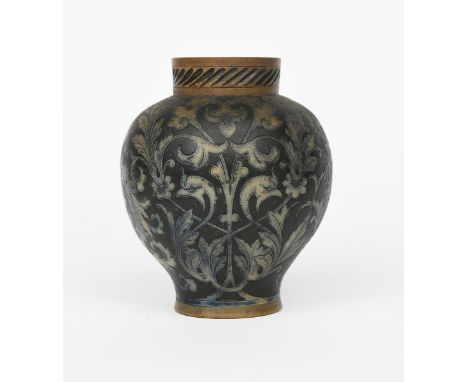 A Martin Brothers stoneware vase by Edwin and Walter Martin, dated 1884, shouldered ovoid form with collar neck, incised with