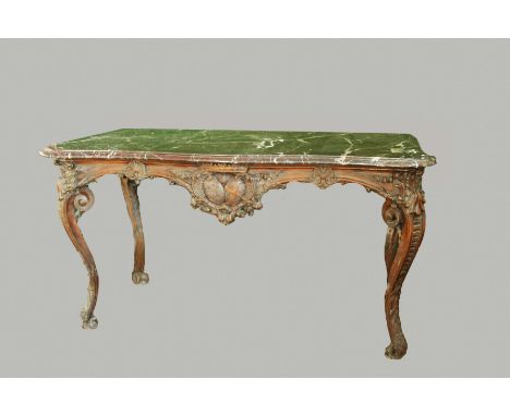 FRENCH WALNUT SERPENTINE CONSOLE TABLE, 19th century, the red and grey veined marble top above a frieze with a central rococo