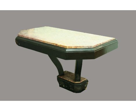 PAIR OF ART DECO STYLE EBONISED AND MARBLE TOPPED CONSOLE TABLES, of canted rectangular form on scrolling foliate carved supp