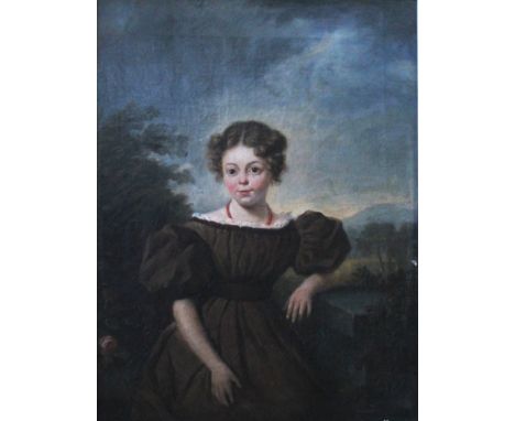 ENGLISH SCHOOL, mid-19th CENTURY PORTRAIT OF A YOUNG GIRL Half length, wearing a brown dress and a coral necklace, oil on can