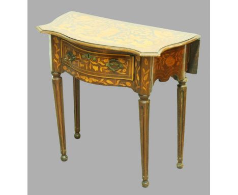 DUTCH WALNUT AND INLAID SERPENTINE CONSOLE TABLE, late 18th or early 19th century, with rear drop leaf, single drawer and flu