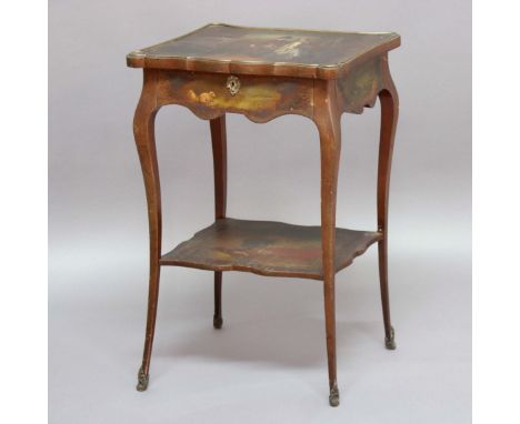 VERNIS MARTIN STYLE WORK TABLE, late 19th century, of rhombus shape, the hinged top painted with a couple, the underside with