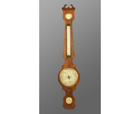 MAHOGANY WHEEL BAROMETER, 19th century, with hygrometer, thermometer, 6" main dial and spirit level inscribed 'F Belloni, Sha