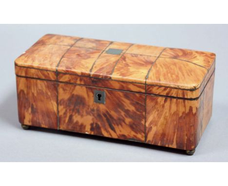 GEORGE III BLONDE TORTOISESHELL TEA CADDY with pewter stringing, cartouche and escutcheon, the interior with two lidded compa
