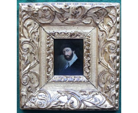 DUTCH SCHOOL PORTRAIT OF A BEARDED MAN Bust length, wearing a black tunic and hat, oil on panel 9 x 7.5cm. ++ Generally good 