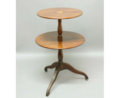 EAST COAST CHERRYWOOD TWO TIER DUMB WAITER, 19th century, with two graduating circular trays on baluster supports and tripod 