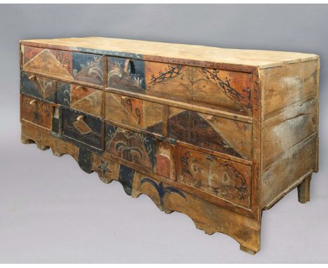 ROBERT KIME TURKISH CHEST OF DRAWERS, converted from a trunk, with painted stylised landscapes to the drawer fronts, height 9