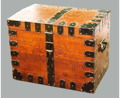 ARMY AND NAVY OAK AND IRON BOUND SILVER CHEST, with domed cover and lift out trays, height 58cm, width 73cm, depth 50cm