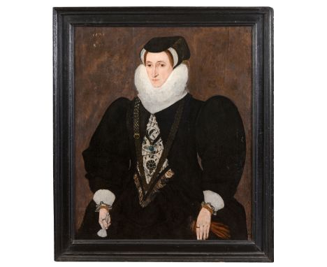 CIRCLE OF ROBERT PEAKE THE ELDER (c.1551-1619) PORTRAIT OF AN UNKNOWN LADY Half length, wearing a black robe and cap, floral 