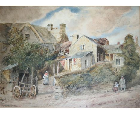 DAVID COX Junr, ARWS (1809-1885) FIGURES BY OLD RURAL COTTAGES Bears a signature, watercolour and pencil 25.5 x 35cm.; with t