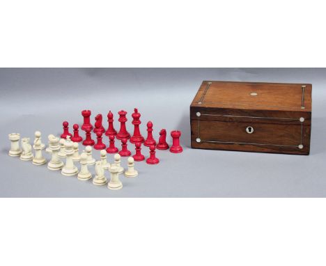 STAINED BONE CHESS SET Staunton type, complete, with box (not original box), king 7.5cms high