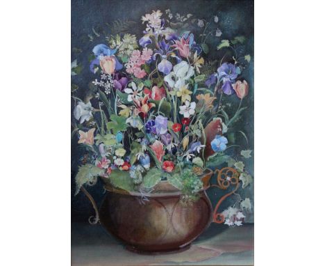 •PENELOPE ALLAN (20th CENTURY) THE FIRST FLOWERS (EARLY SPRING) Signed and inscribed verso, tempera (?) on board 55.5 x 39.5c