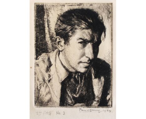 •FIVE ETCHINGS & DRYPOINTS to include `Self Portrait by Lamplight` by Paul Drury, 1924, signed and dated, 9.5 x 7cm.[see illu