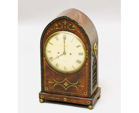 REGENCY MAHOGANY BRACKET CLOCK, the 8" enamelled dial inscribed Holmes, London, on a brass eight day twin fusee movement hour