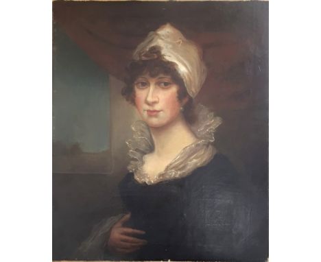 ENGLISH SCHOOL, Circa 1830 PORTRAIT OF A LADY Quarter length, wearing a dark blue dress, white collar and turban, oil on canv