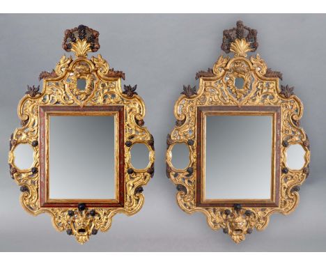 PAIR OF SPANISH MIRRORS, one dated 1770, the rectangular plate in a cushion mount with carved and painted meandering floral d