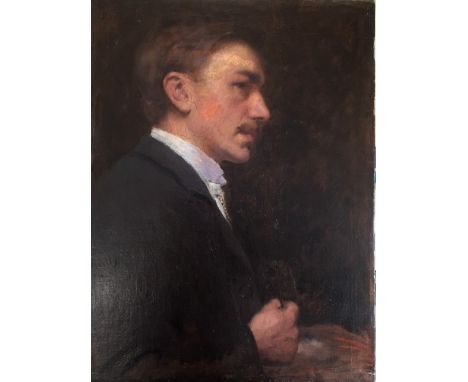 FOLLOWER OF JOHN DA COSTA (1867-1931) PORTRAIT OF A GENTLEMAN  Quarter length, wearing a grey/brown coat, holding a brush or 