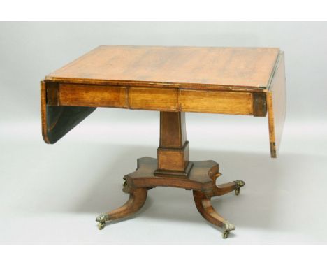 REGENCY CROSSBANDED AND BRASS INLAID SOFA TABLE, the rounded rectangular top above a pair of true and a pair of false drawers