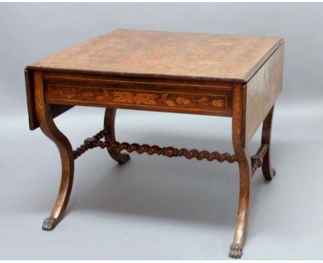 DUTCH WALNUT AND MARQUETRY SOFA TABLE, 19th century, the rectangular top inlaid with a vase and a profusion of scrolling foli