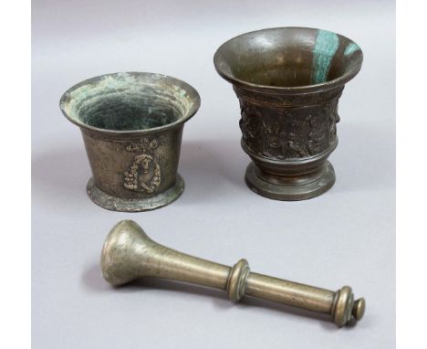 BRASS PESTLE AND MORTAR, cast with a portrait of Charles II beneath a crown, diameter 12cm; together with another brass pestl