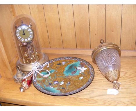 A gilt metal and cut glass light fitment, a Japanese Cloisonne plate depicting animals and plants, together with a 300 day cl