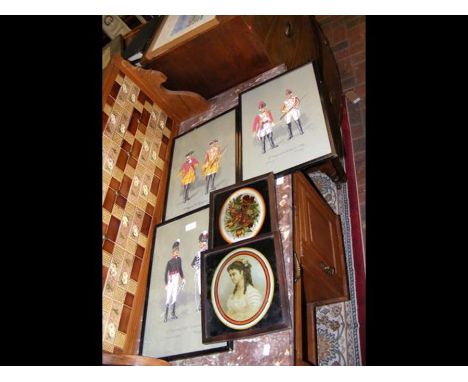 A set of three watercolours of Army Officers, including The Dragoons, together with a pair of portrait prints 