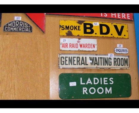 Six old enamel/metal advertising signs, including Air Raid Warden, General Waiting Room 