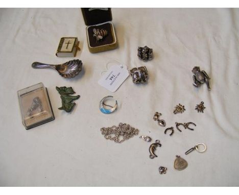 An unusual silver ring, caddy spoon, 'bear' pin cushion CONDITION REPORTThere is a 925 mark on the bear, very difficult to se