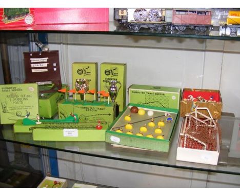 Selection of old boxed Subbuteo table soccer accessories, including Passing Tee, Trophies, Match Score Recorder, etc. 