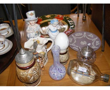 A German beer stein, Victorian sentimental ceramic figure, Masons jug and other ceramics etc.