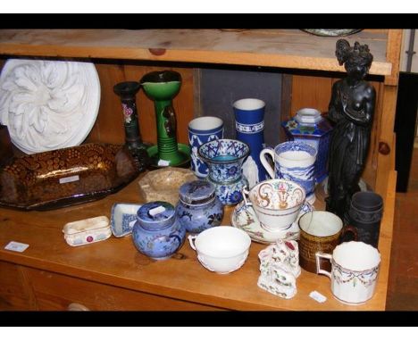 A Victorian leaf pattern dish, resin statue, pair of miniature Chinese style bowls and covers and other ceramics etc.